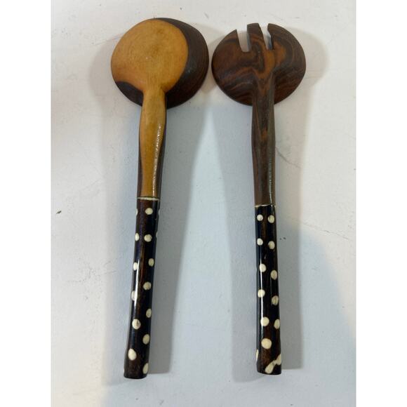 African Wooden Salad Servers Handles, Serving Spoon & Fork Hand Carved 7.5" - Picture 2 of 3